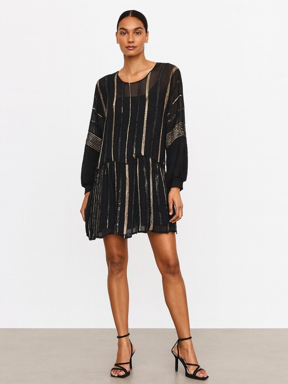 * A742 • Black Gold Sequin Stripe Silk Dress